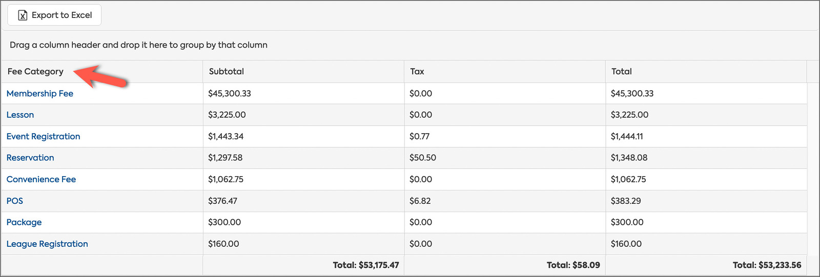 Screenshot of CourtReserve's sales summary report feature