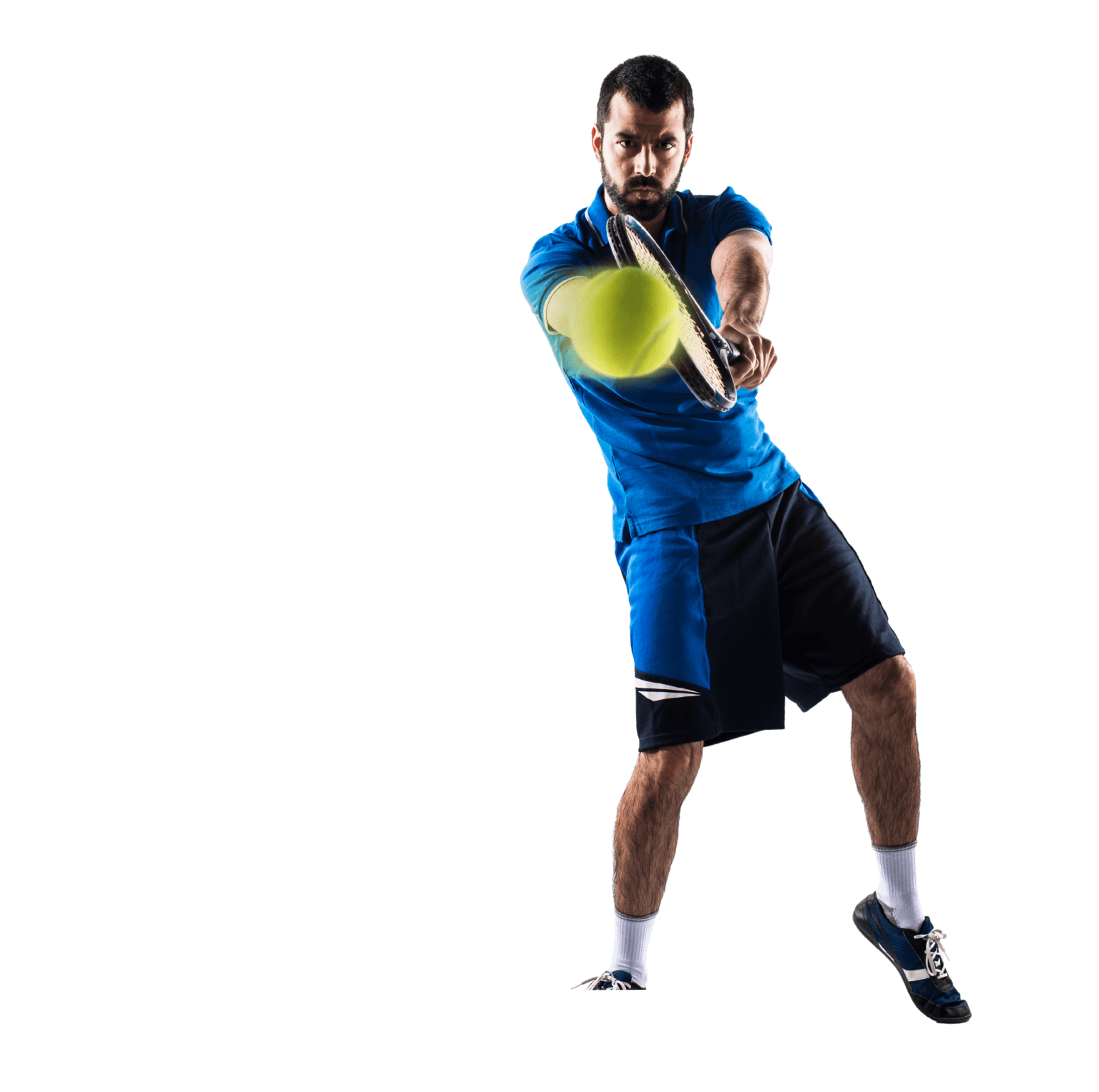 A man in a blue outfit hitting a tennis ball with a racket.