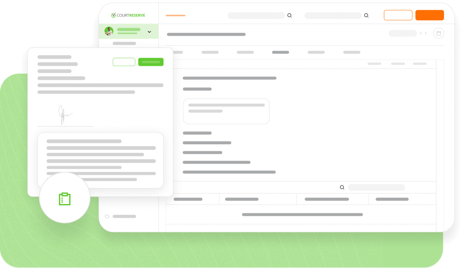 Digital interface with overlapping documents and a clipboard icon on a green background.