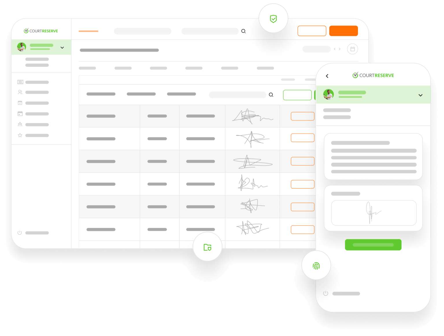 Web and mobile interface of a scheduling and reservation system with tables, menu icons, form fields