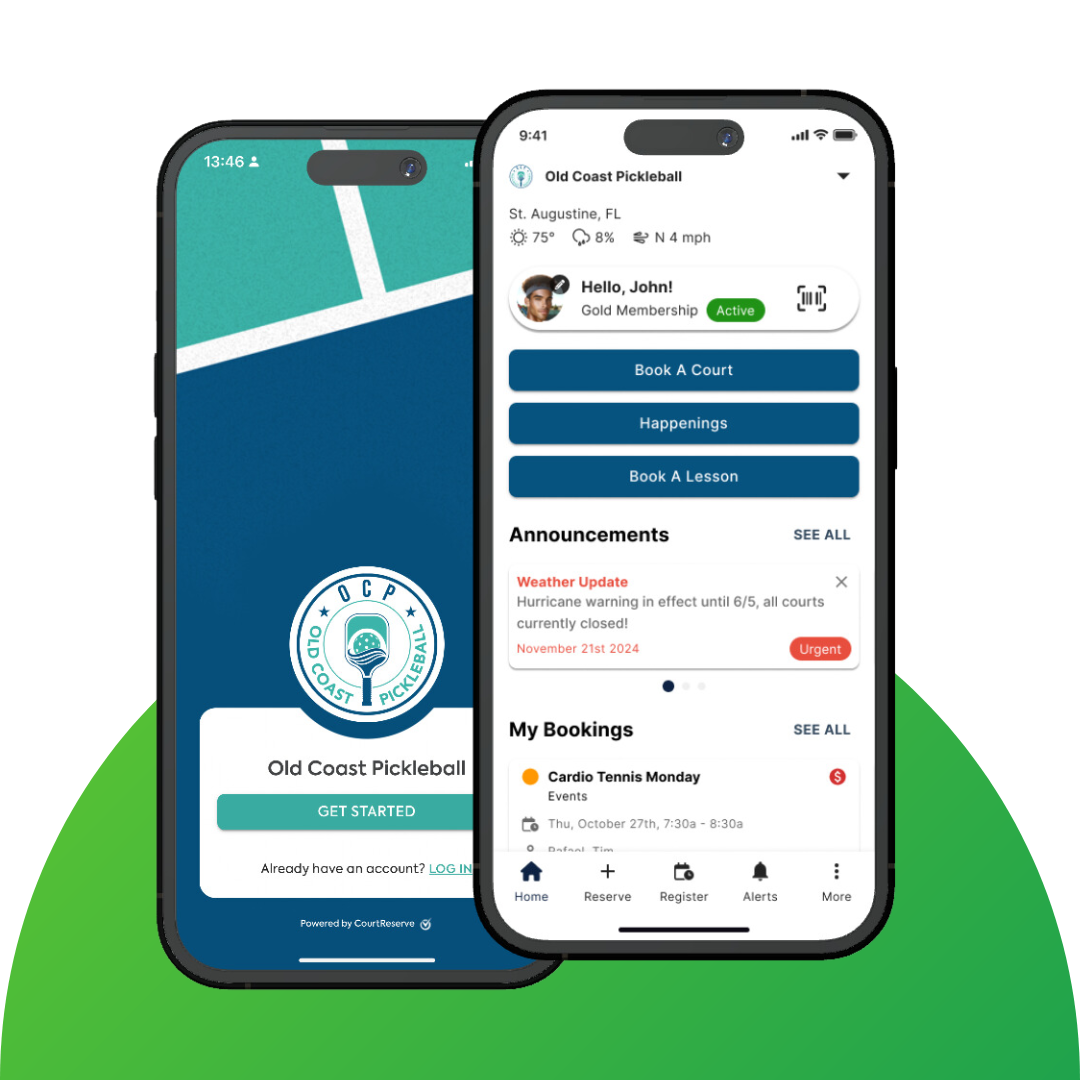 Two iPhones displaying CourtReserve Branded Mobile App screens