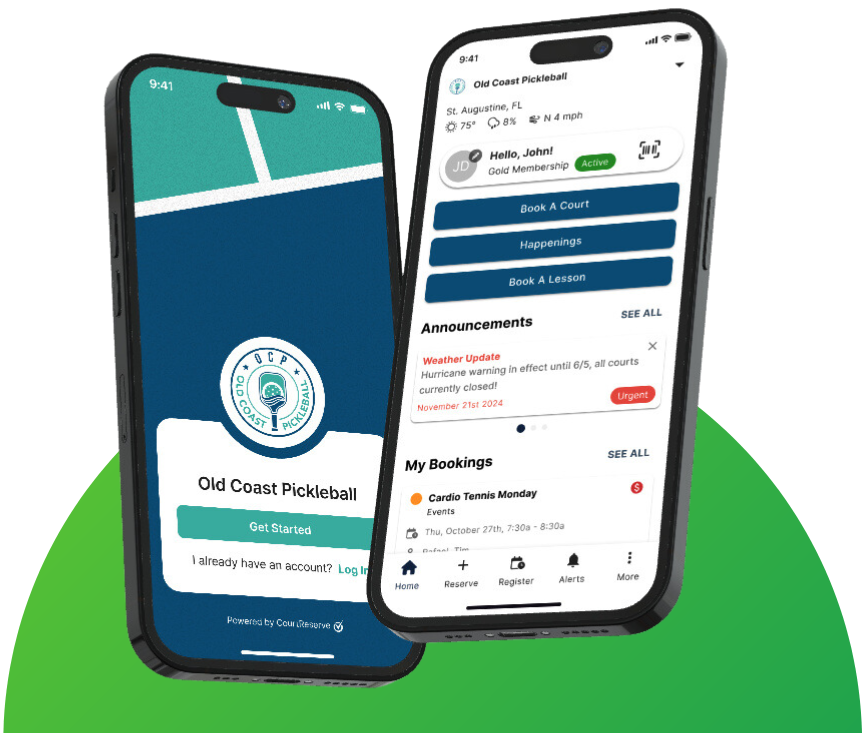 Two iPhones displaying CourtReserve Branded Mobile App screens