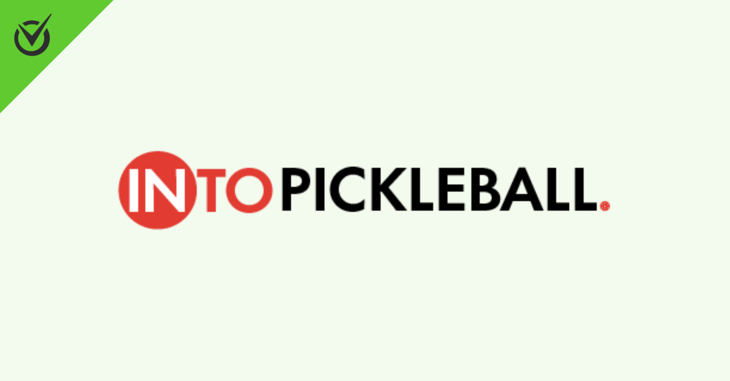 Logo with text "INTO PICKLEBALL" on a light background, a green checkmark in the corner.