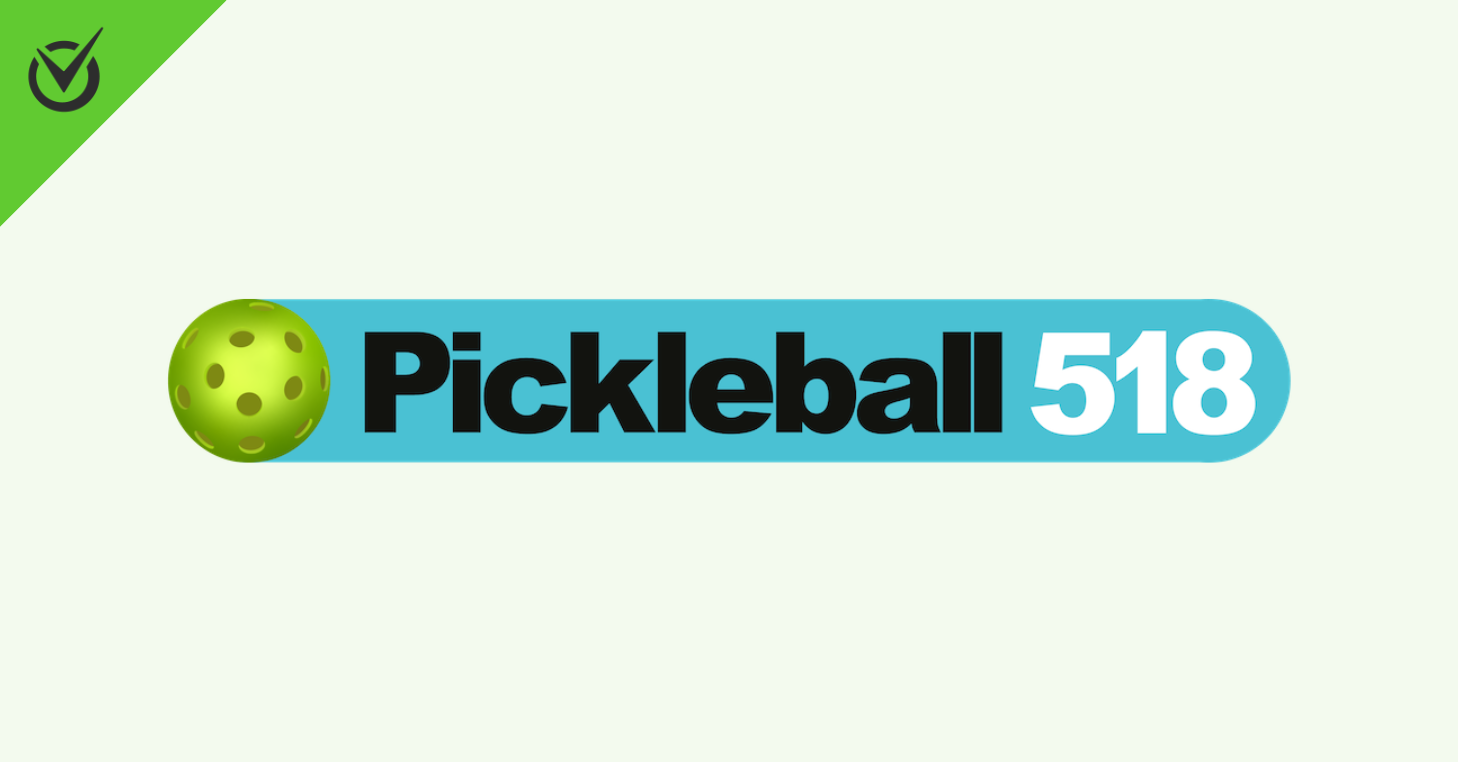 Logo with a green pickleball icon and the text "Pickleball 518" in black and white on a blue banner.