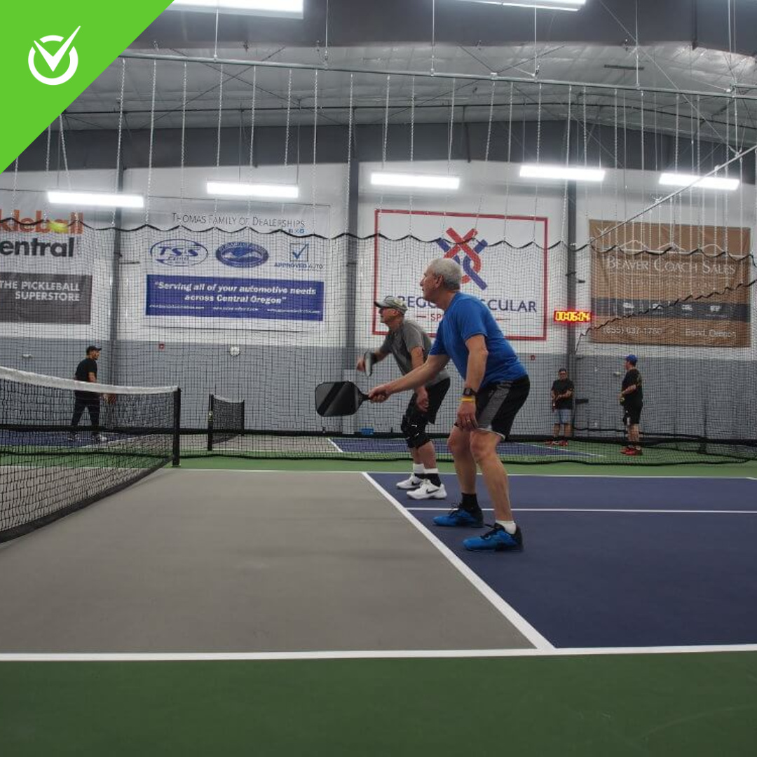 Pickleball duo plays on cushioned indoor courts<br>