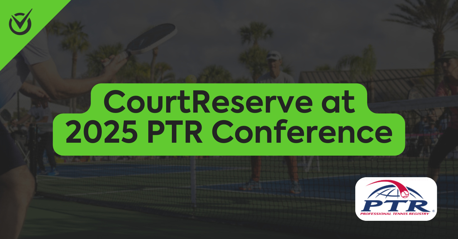 Image of 2 players on tennis court with overlay text reading "CourtReserve at 2025 PTR Conference" with PTR logo