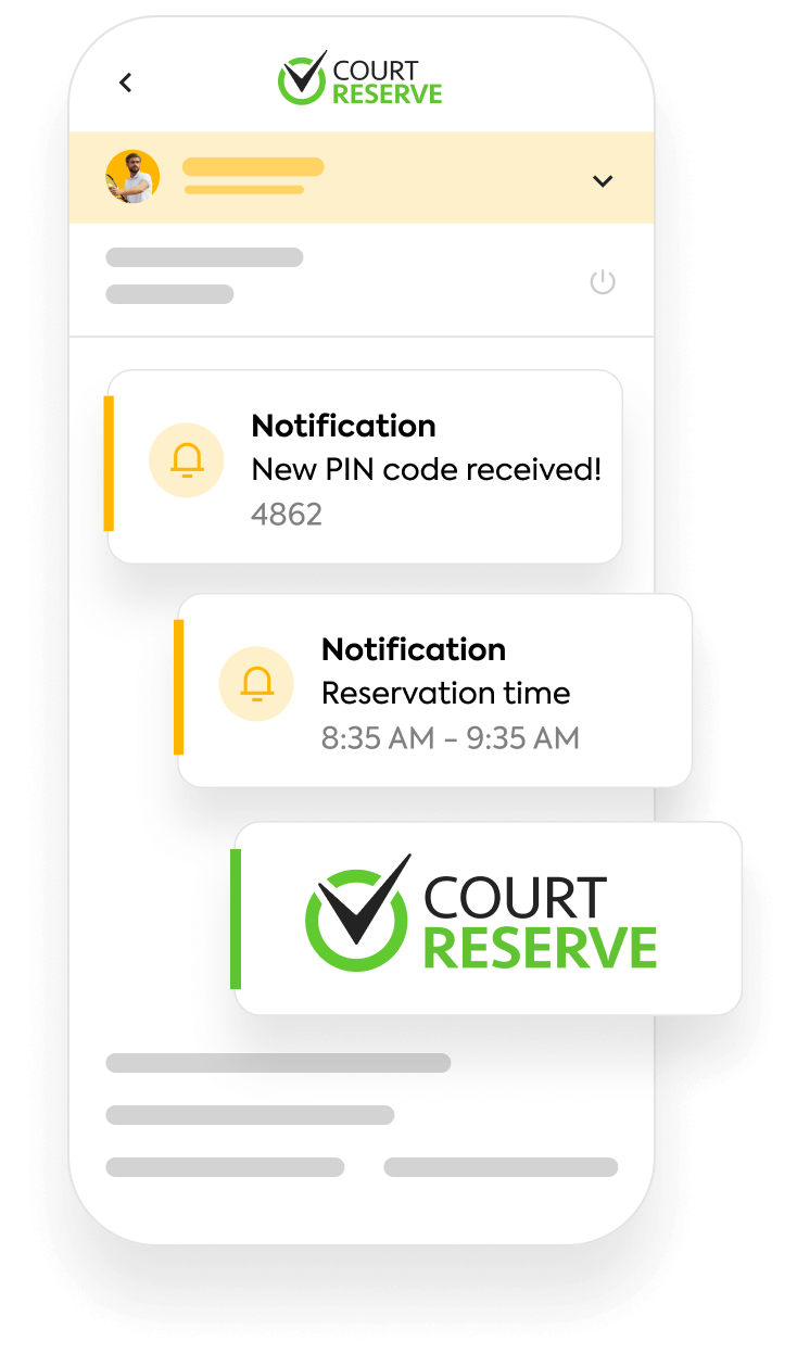 Mobile app interface showing notifications: new PIN code and reservation time.