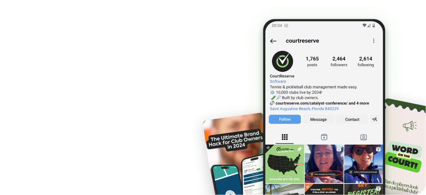 Frame 44 (2) Smartphone showing courtreserve profile, content previews, and text "the ultimate brand hack for club owners in 2024"