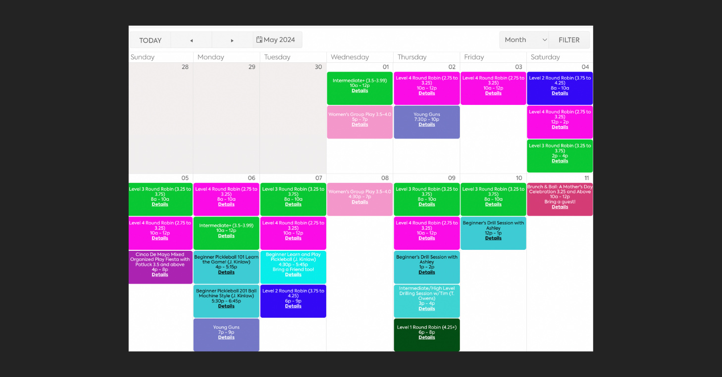 Image example of CourtReserve's member view of club's court schedule