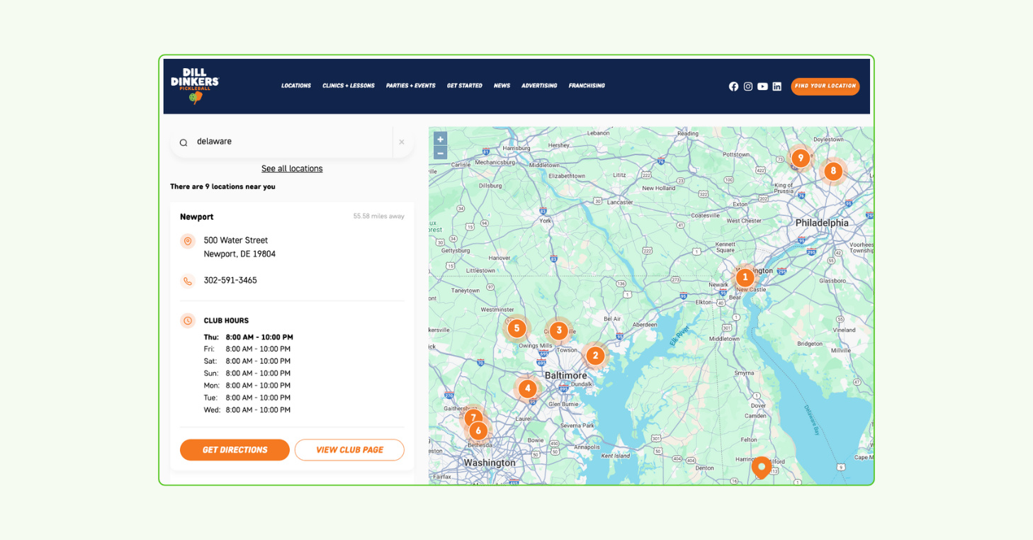 Screenshot image of Dill Dinkers' multiple locations in Delaware area