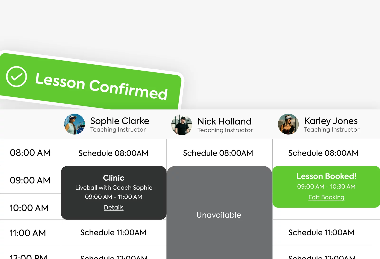 Feature Graphics_Lessons Lesson confirmed 8 am schedule sophie clarke clinic 9 am lesson booked 9 am edit booking