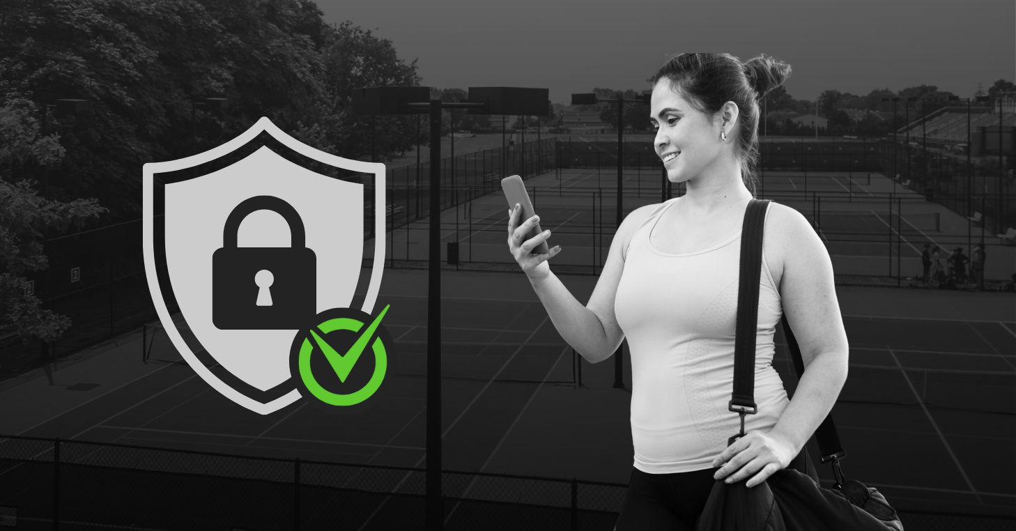 Left side shows shield with lock inside and green check mark, representing security. Right side shows woman with mobile device in hand and pickleball court in background.