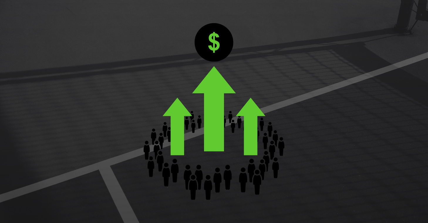 Graphic illustrating increased revenue per player, with upward arrows and a dollar sign representing player-driven revenue growth.