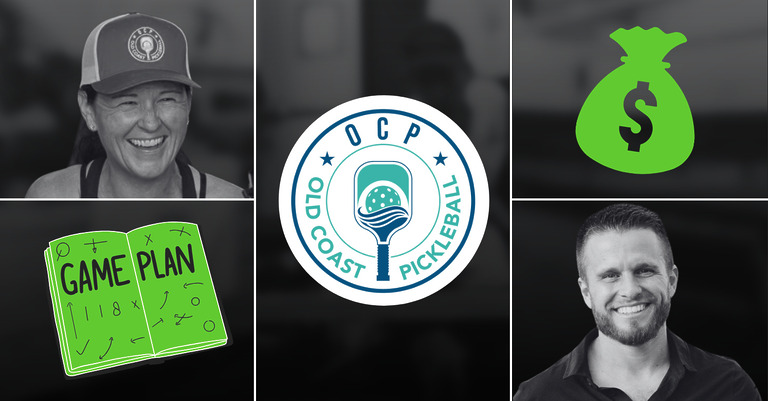 Two people smiling on either side of the Old Coast Pickleball (OCP) logo; the woman on the left wears an OCP hat and tank top, and the man on the right is in a dark collared shirt.
