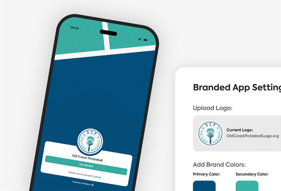 Old coast pickleball app setup screen with logo upload and brand color options
