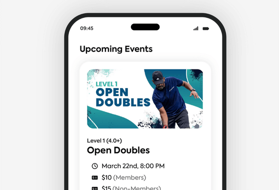 Upcoming events screen with open doubles details