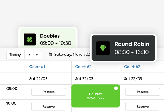 Tennis schedule showing doubles at 09:00 and round robin at 08:30