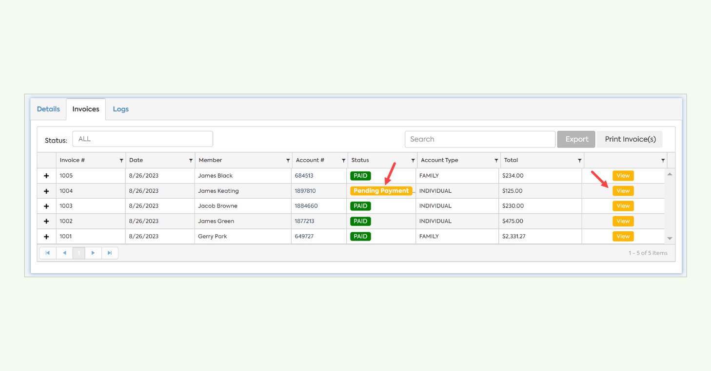 Screenshot of CourtReserve's invoicing interface