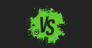 A bold green paint-splatter background features a large “VS” in black, with the CourtReserve checkmark logo beside it. The graphic sets the stage for a competitive comparison between CourtReserve and other software platforms.