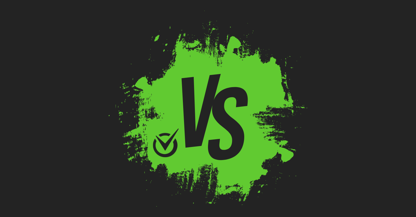 A bold green paint-splatter background features a large “VS” in black, with the CourtReserve checkmark logo beside it. The graphic sets the stage for a competitive comparison between CourtReserve and other software platforms.