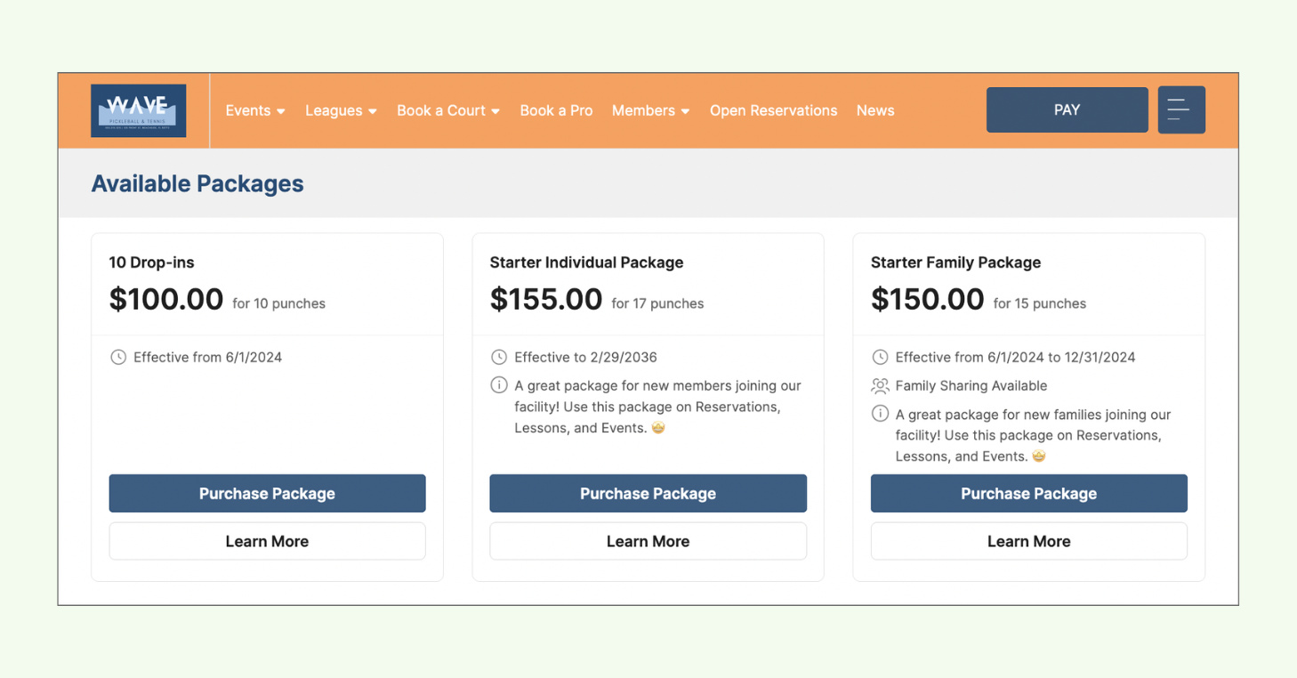 Example of the the Available Packages page, where they can learn more about specific packages, and select packages to purchase.