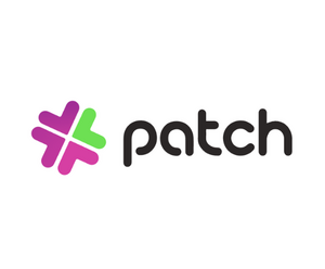 Colorful abstract arrow logo, text reads "patch"