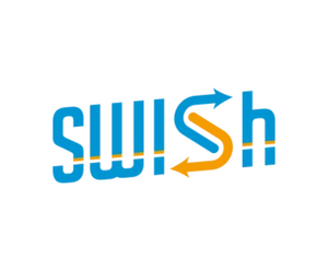 Swish logo with arrows through letter s in blue and orange
