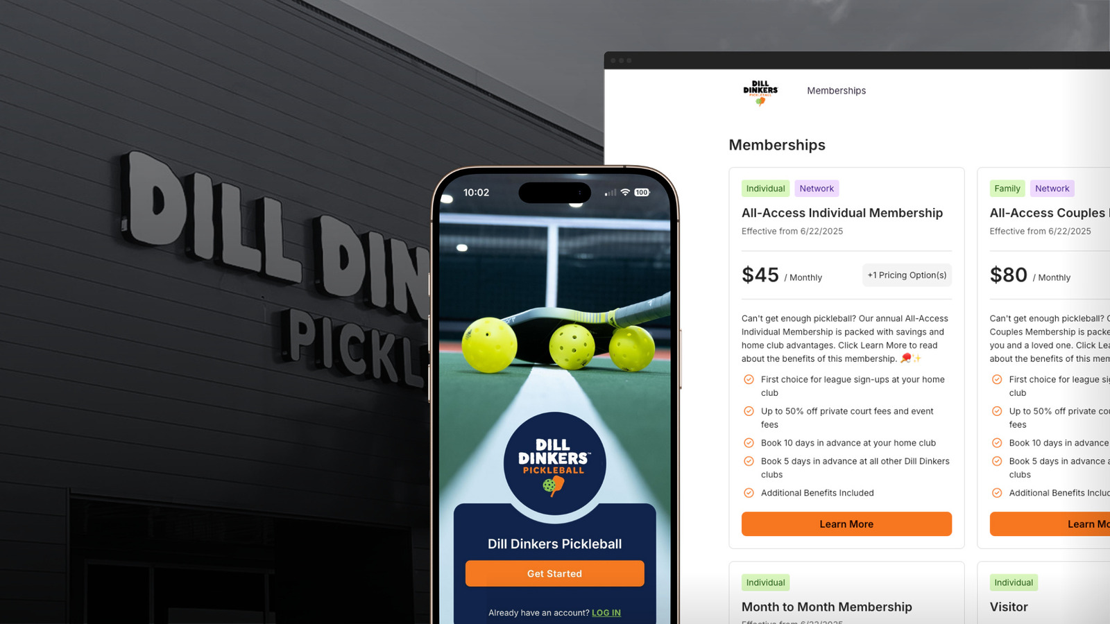Dill Dinkers Pickleball Franchise with CourtReserve Dill dinkers pickleball app and membership pricing displayed on a smartphone and webpage