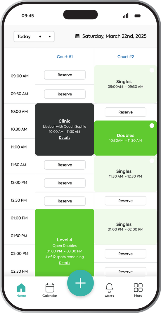 Mobile app schedule March 22, 2025, shows events including clinic, singles, doubles
