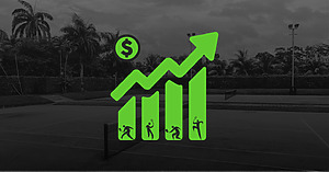 Graphic showing outdoor tennis courts in background and a graphic of revenue increasing in the foreground.