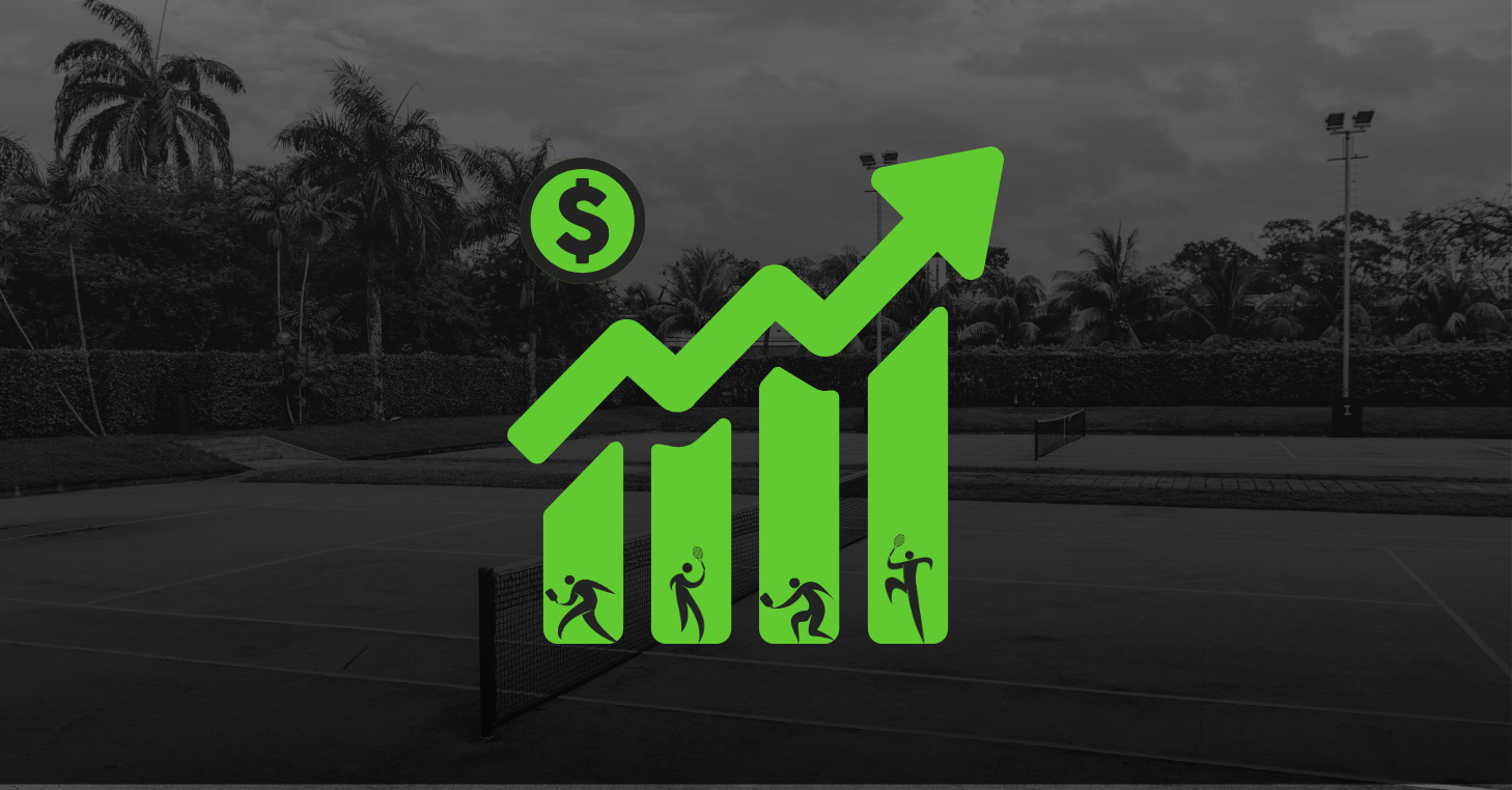 Graphic showing outdoor tennis courts in background and a graphic of revenue increasing in the foreground.