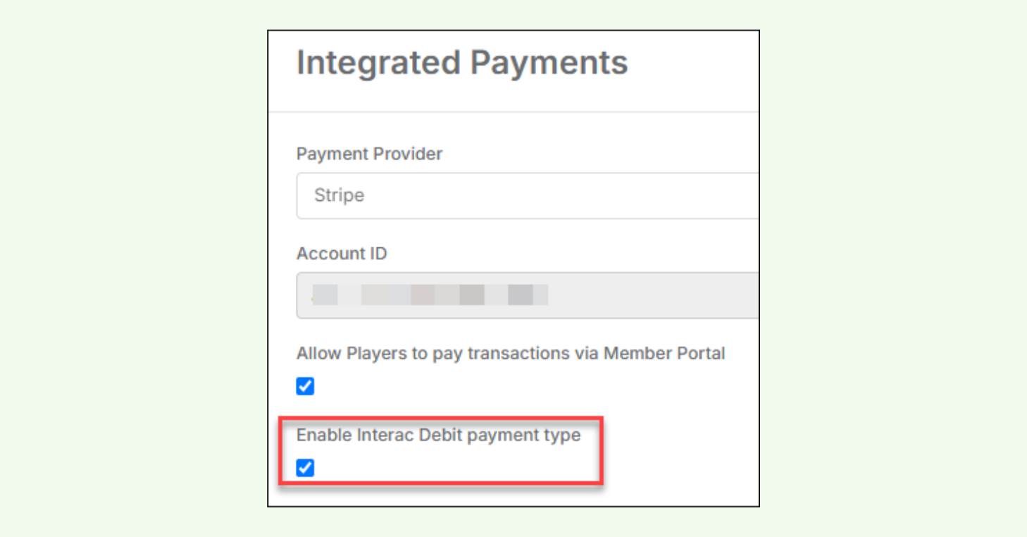 Example of new checkbox to enable Interac Debit under Integrated Payments in Billing Settings.