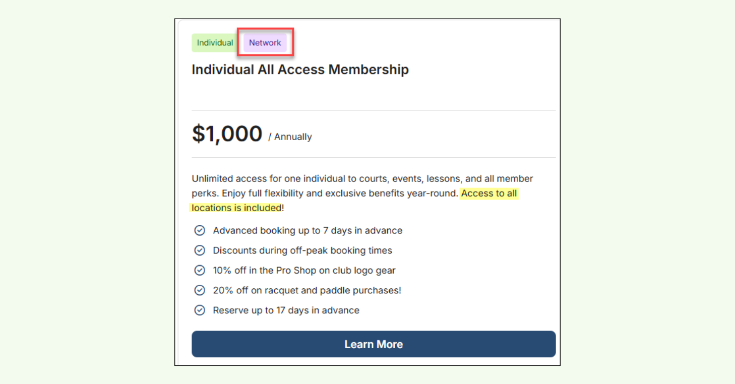Example of Network Membership in Player Center - access to all locations included and has "Network" tag.