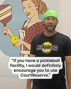 Man in green cap with retro art background, quote promotes CourtReserve for pickleball facilities