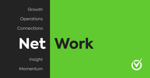 A graphic split into two sections: the left black section lists words vertically—“Growth,” “Operations,” “Connections,” “Net,” “Insight,” and “Momentum.” The right green section emphasizes the word “Work” in bold, completing the phrase “Net Work.” The CourtReserve checkmark logo appears in the bottom right.