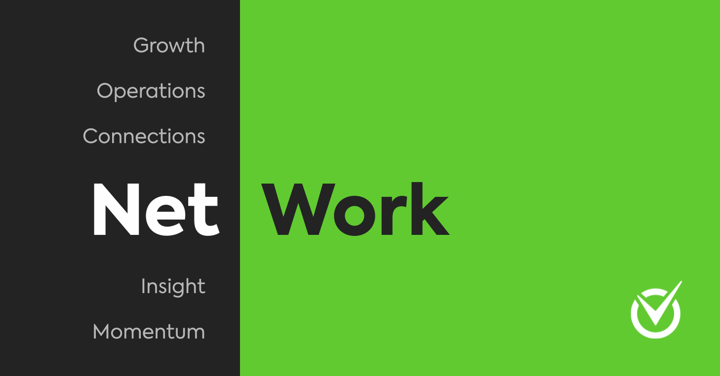 A graphic split into two sections: the left black section lists words vertically—“Growth,” “Operations,” “Connections,” “Net,” “Insight,” and “Momentum.” The right green section emphasizes the word “Work” in bold, completing the phrase “Net Work.” The CourtReserve checkmark logo appears in the bottom right.