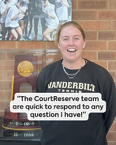 Woman in vanderbilt tennis shirt with courtreserve testimonial text
