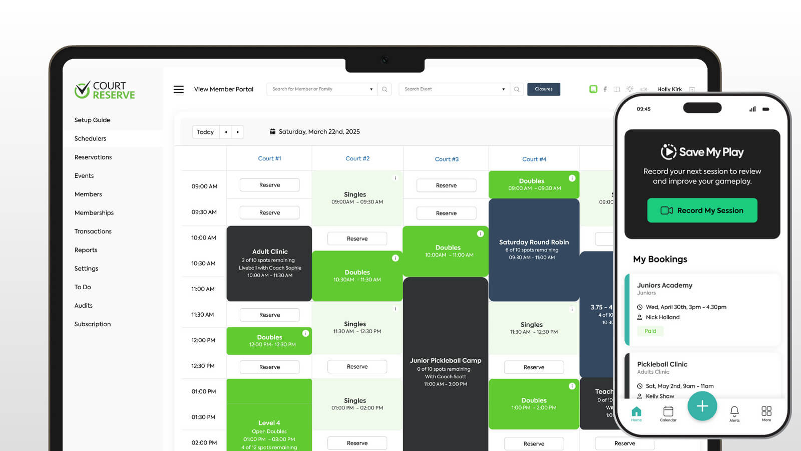 How it Works composite Court reservation screen showing schedules and mobile app interface with booking details