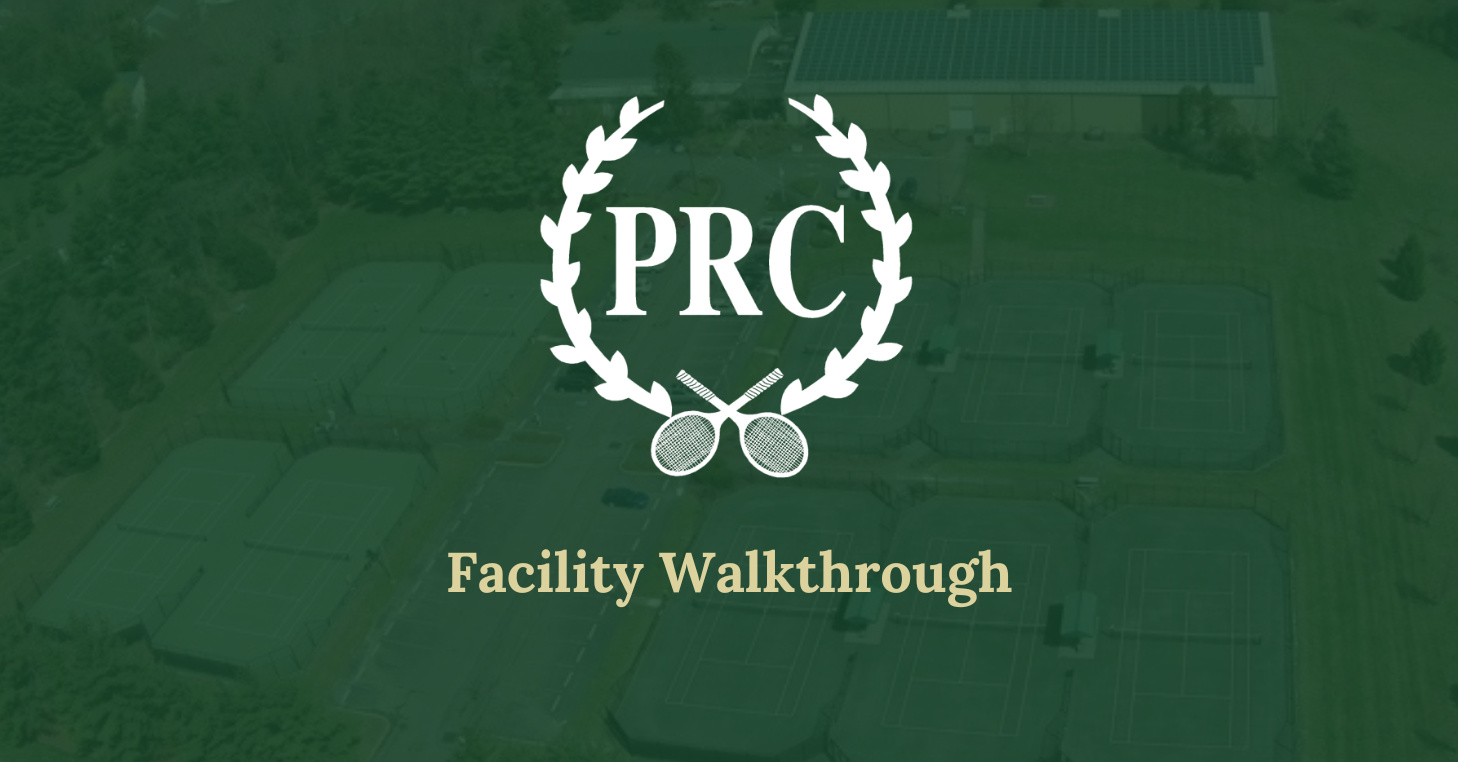 Aerial shot of PRC's outdoor courts and facility with PRC's logo overlayed and text saying 