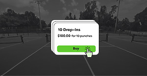 A pop-up card displays a purchase option for “10 Drop-Ins” at a price of $100.00 for 10 punches as an example of a Package. A green “Buy” button with a clicking hand icon is prominently featured. The background shows a darkened view of outdoor courts, emphasizing the offer in the foreground.