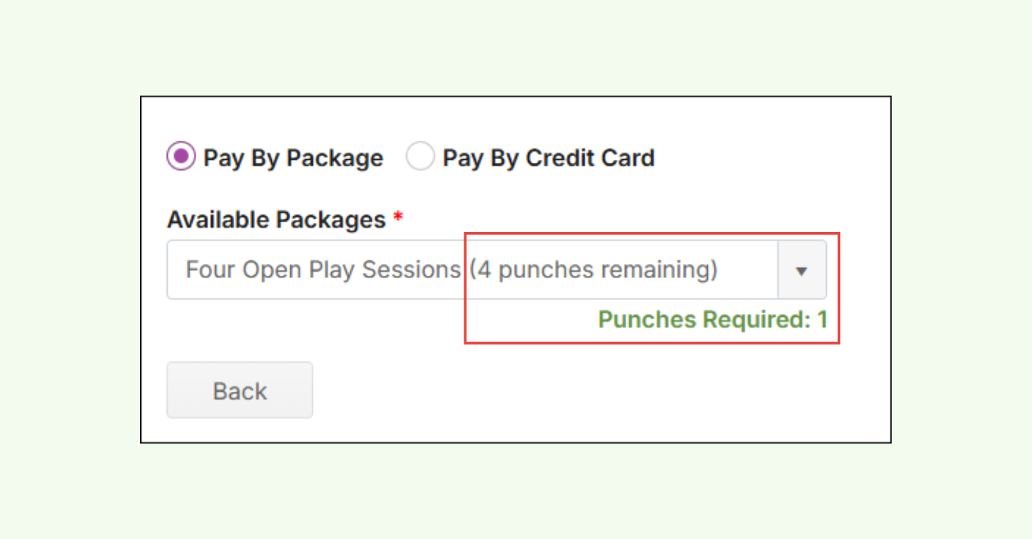 Example of a player using their Package to make a payment in the CourtReserve mobile app with remaining punches shown.