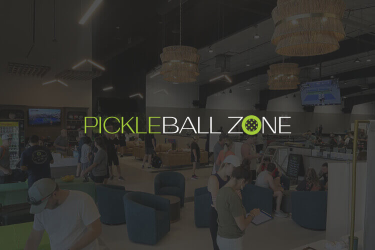 Interior of Pickleball Zone in Porter, TX in background with their logo overlayed