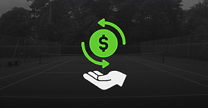 A green dollar symbol surrounded by two circular arrows hovers above a white open hand icon, symbolizing refunds or returns. The background features a darkened outdoor tennis court, visually representing financial transactions or refund automation in a racquet sports setting.