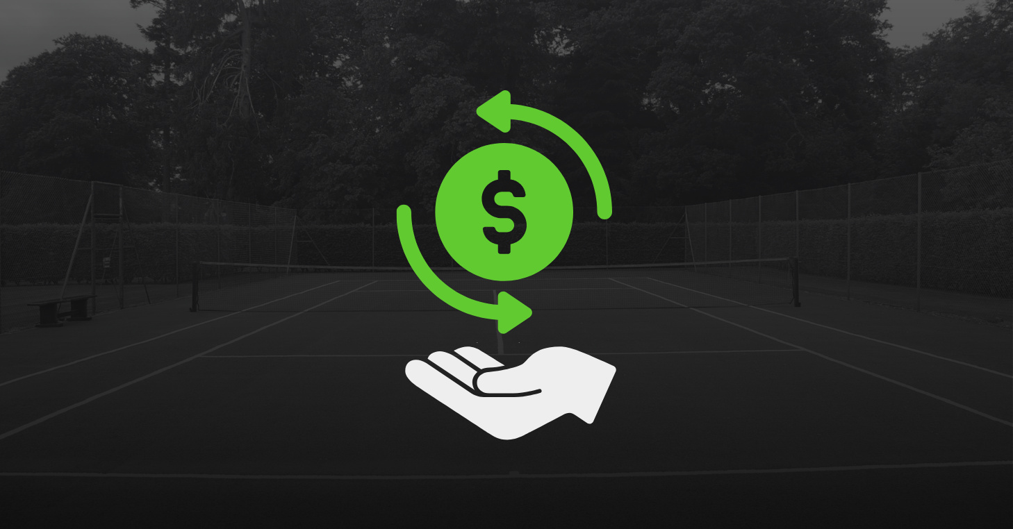 A green dollar symbol surrounded by two circular arrows hovers above a white open hand icon, symbolizing refunds or returns. The background features a darkened outdoor tennis court, visually representing financial transactions or refund automation in a racquet sports setting.