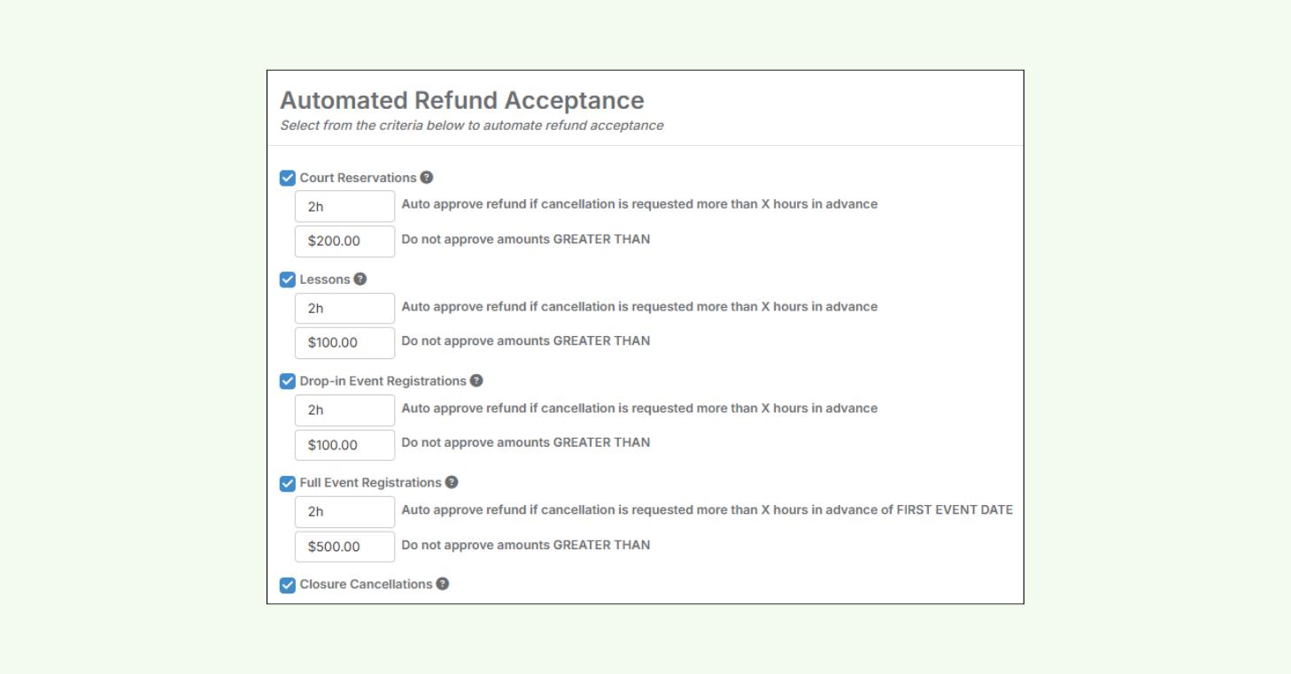Example of the five types of possible automated refunds within CourtReserve.