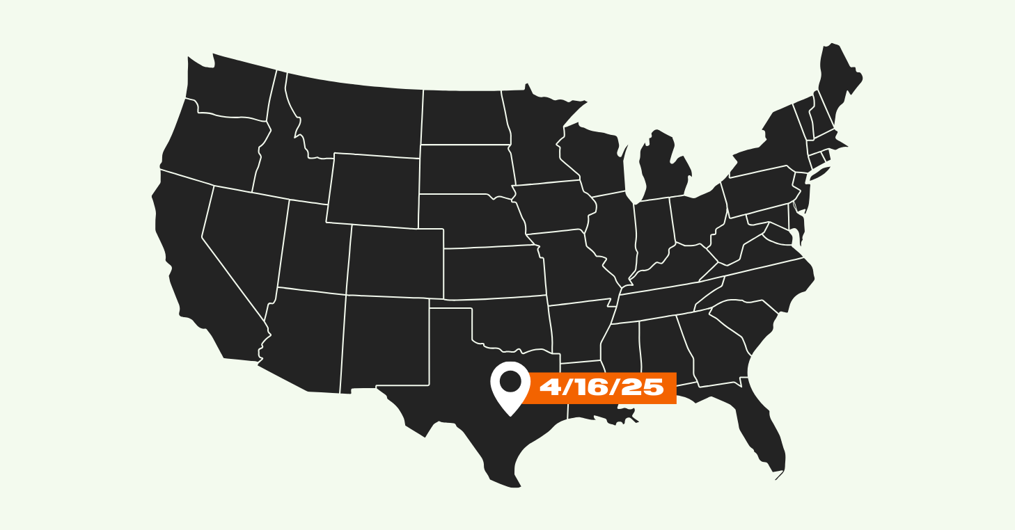 Us map with a date pin on texas 4/16/25