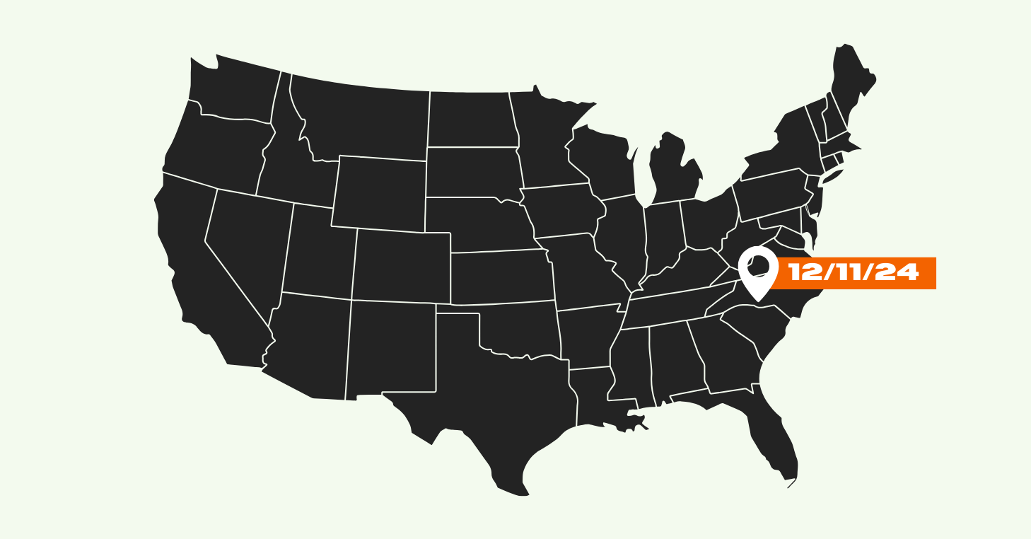 Us map with location pin in southeast marked 12/11/24