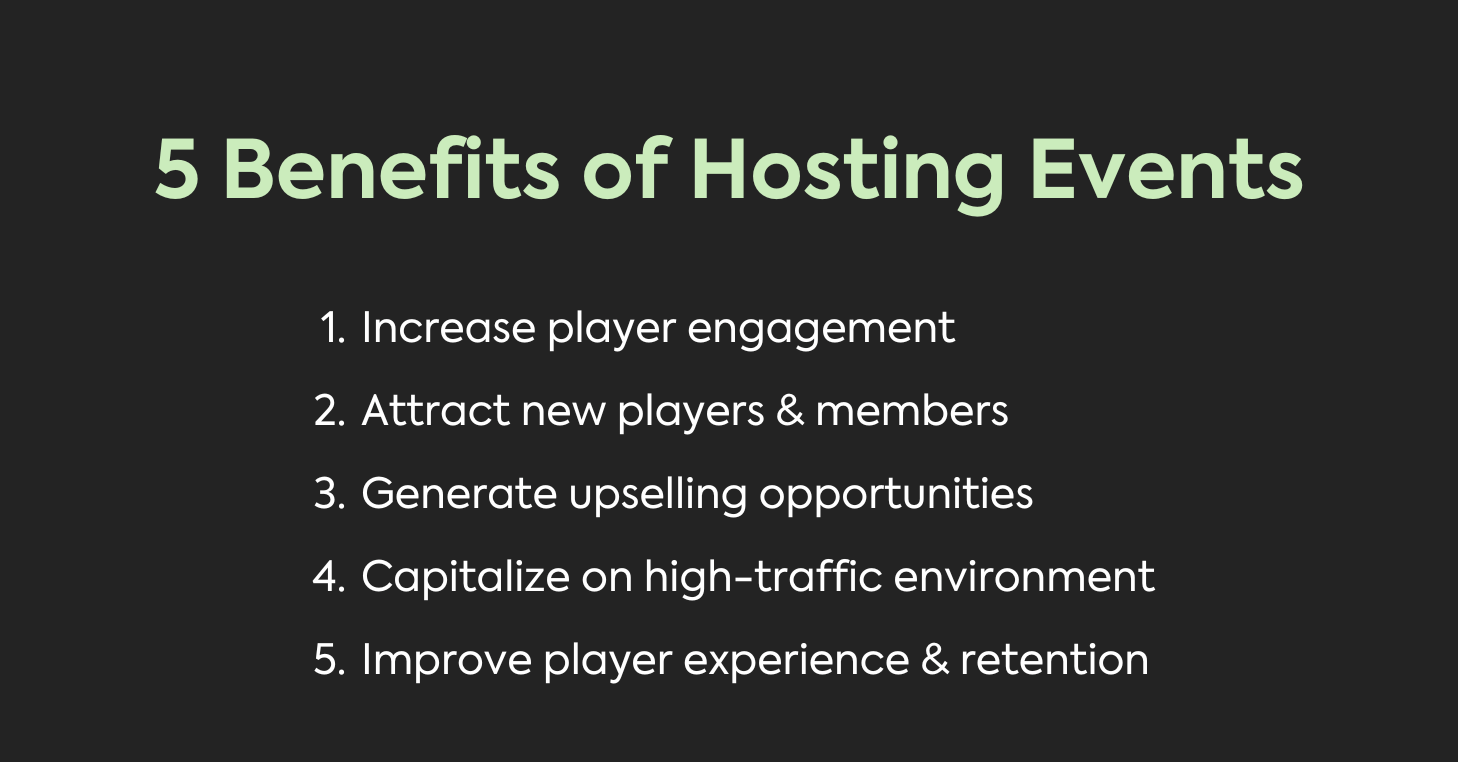 Infographic with dark grey background and green and white text reading "5 benefits of hosting events"