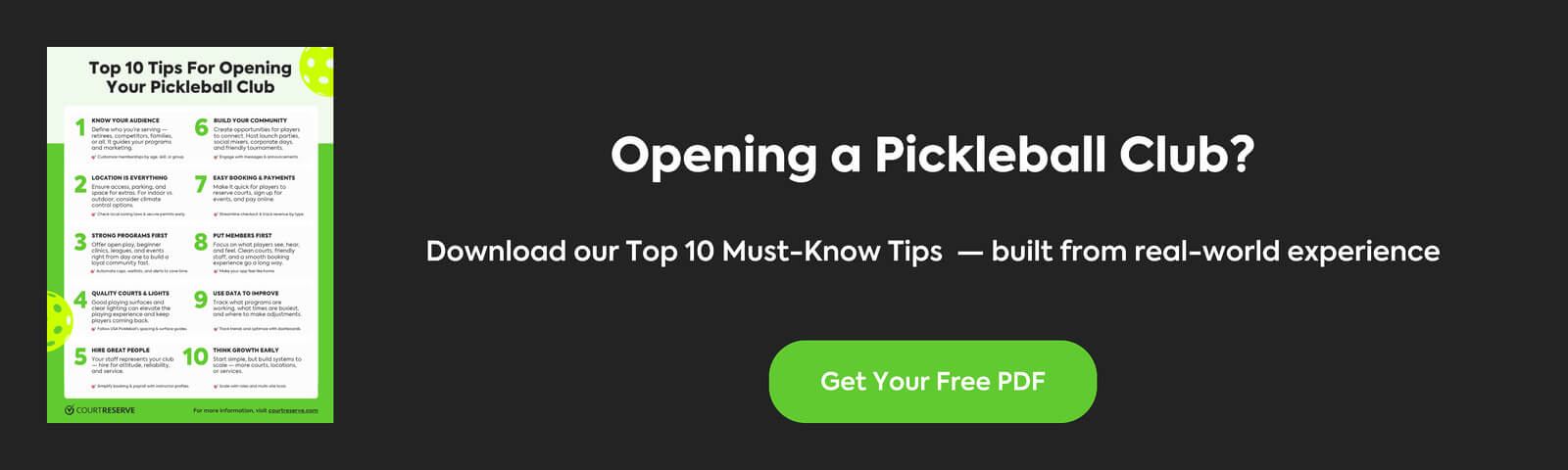 Graphic displaying FREE PDF download of top 10 tips for opening your pickleball club.