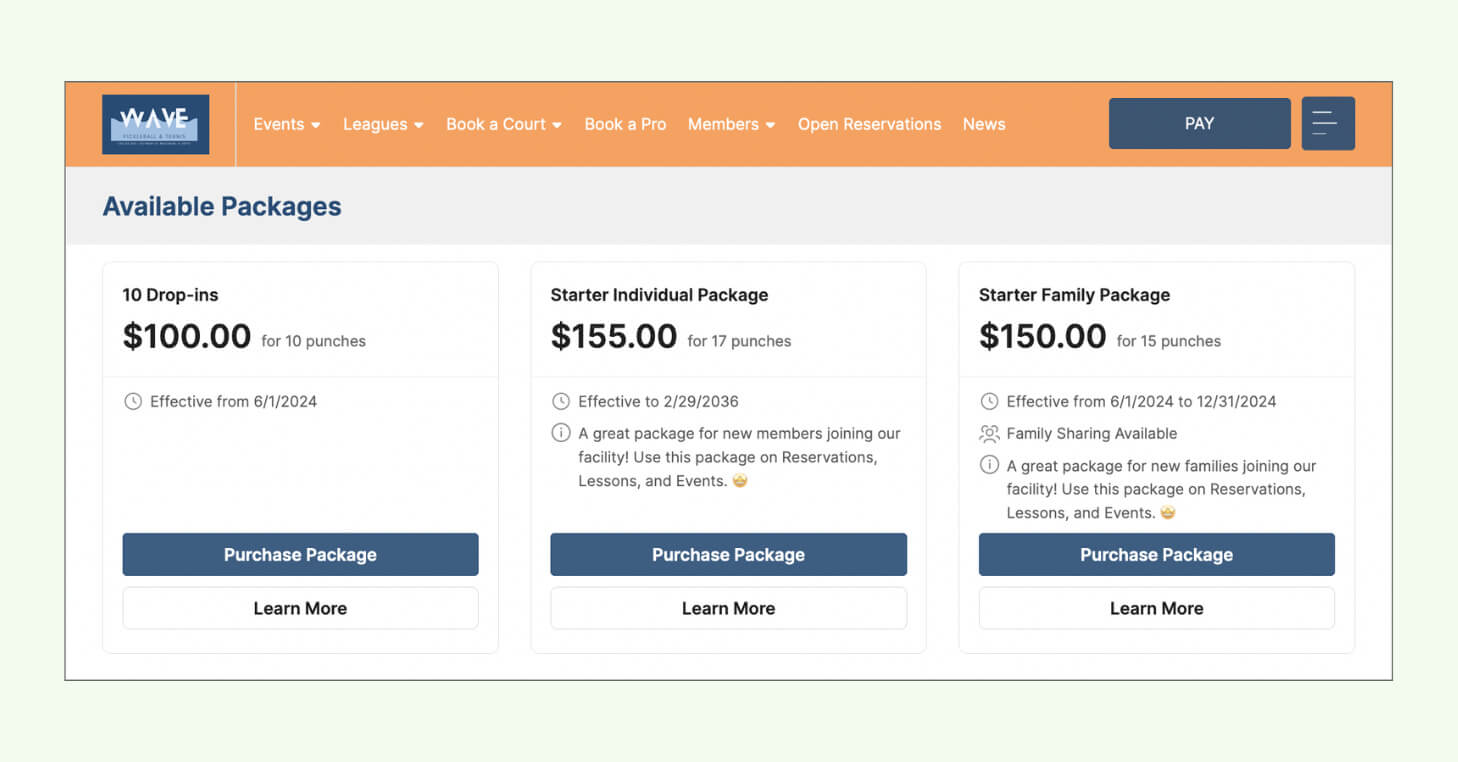 Example of the the Available Packages page, where they can learn more about specific packages, and select packages to purchase.